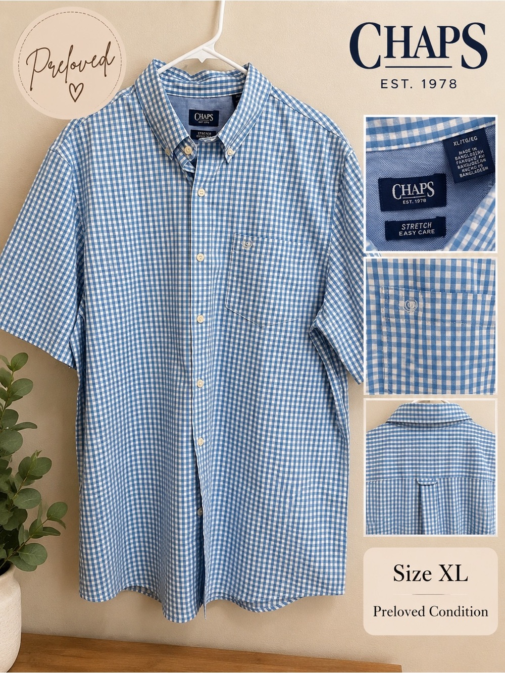 Chaps Blue & White Gingham Short-Sleeve Button-Down Shirt